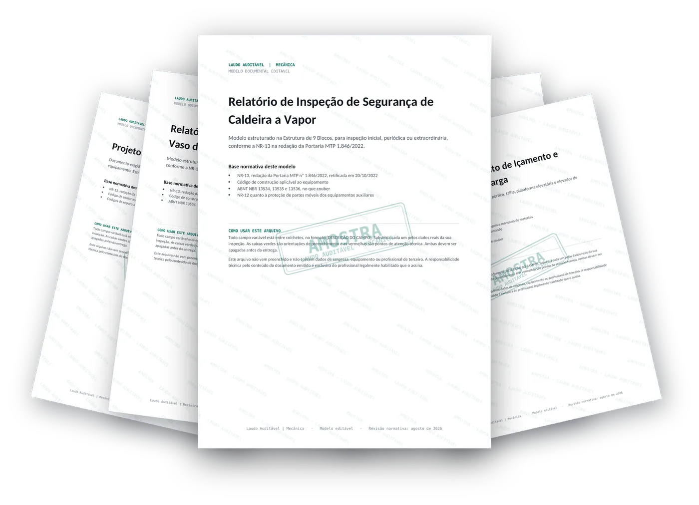 Modelos de documentos de inspeção mecânica editáveis do kit Laudo Auditável.