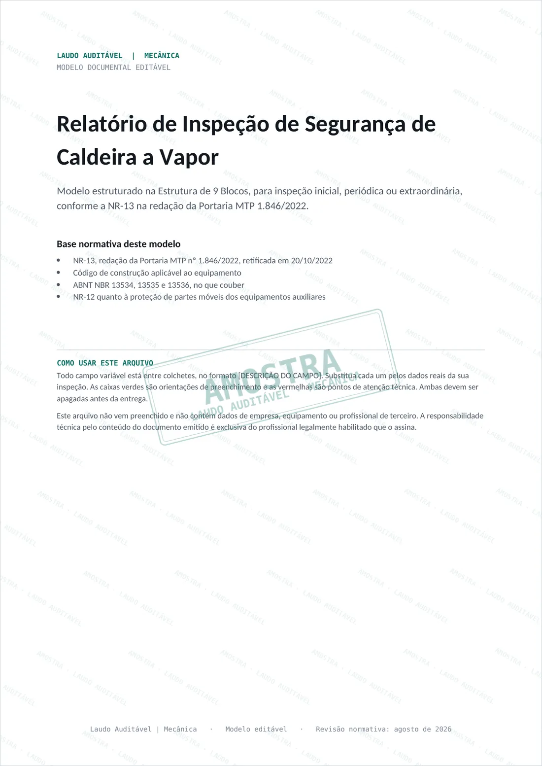 Capa do Relatório de Inspeção de Segurança de Caldeira